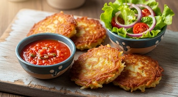 Cuatro tortitas de patata fritas, un cuenco con salsa roja y otro con ensalada de lechuga, tomate y cebolla morada sobre tabla de madera.