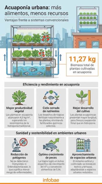 Infografía sobre acuaponía urbana. Muestra un sistema vertical con plantas, peces y un cartel con la biomasa total. Seis recuadros detallan eficiencia y sostenibilidad.