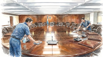 Ilustración acuarela: Dos empleados limpian una gran mesa de madera en una sala de reuniones formal con bandera argentina y escudo. Se ven micrófonos y carpetas.