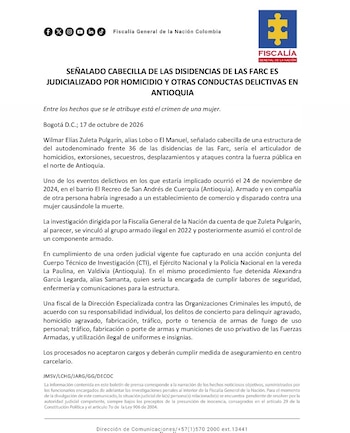 El comunicado del ente investigador se emitió la mañana del sábado 17 de octubre de 2026 - crédito Fiscalía