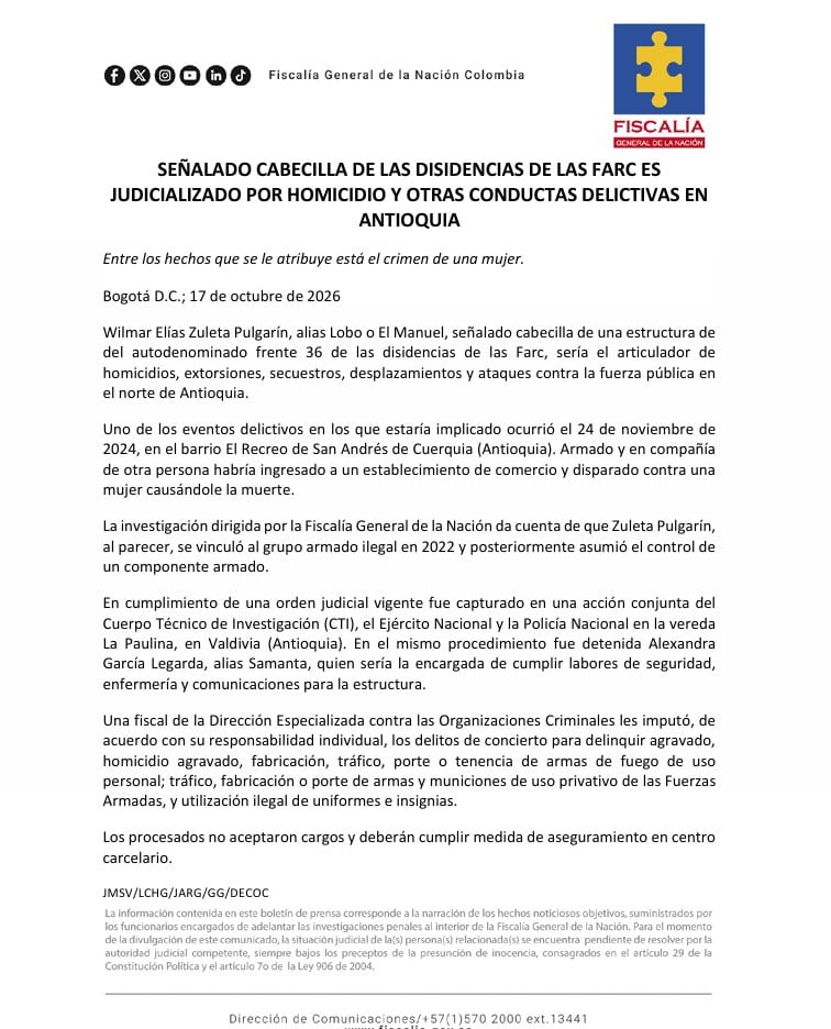 El comunicado del ente investigador se emitió la mañana del sábado 17 de octubre de 2026 - crédito Fiscalía