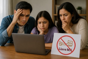 Un hombre, una niña y una mujer miran una computadora portátil junto a un cartel con el logotipo de Llave MX dentro de un símbolo de prohibición.