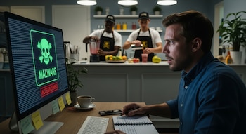 Hombre frente a una computadora que muestra una alerta de malware con una calavera. En el fondo, dos empleados preparan bebidas en un negocio.