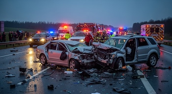 Dos vehículos chocados en una carretera mojada con escombros. Vehículos de policía, bomberos y ambulancias con luces. Personal de emergencia y personas observando.