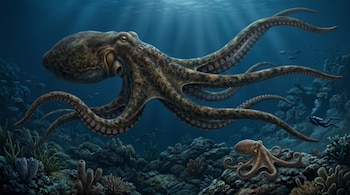 Un pulpo grande y un pulpo pequeño nadan sobre un lecho marino rocoso cerca de la silueta distante de un buzo.
