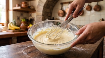 Manos que baten una mezcla clara con un batidor metálico en un tazón de vidrio sobre un mesón de madera, con una cocina de fondo.