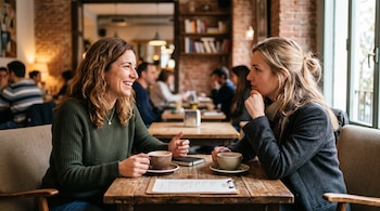 Dos mujeres sentadas a una mesa de madera en una cafetería con tazas de café y un menú sobre la mesa.