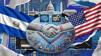 Placa de silicio, apretón de manos, banderas de El Salvador y Estados Unidos, siluetas de edificios de Washington e íconos de inteligencia artificial.