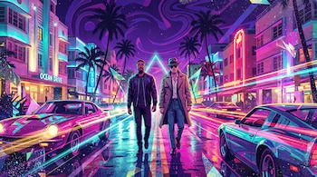 Ilustración de Michael B. Jordan y Austin Butler caminando de noche por Ocean Drive. Rodeados de neón, palmeras, edificios art déco y autos deportivos. Cielo violeta.