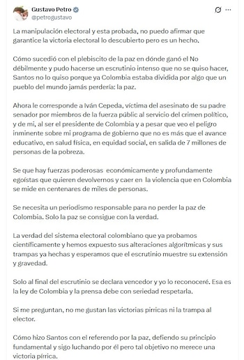 Gustavo Petro ratificó sus cuestionamientos al sistema electoral colombiano y aseguró que existen hallazgos técnicos que evidencian alteraciones en el proceso - crédito @petrogustavo/X