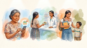 Ilustración estilo acuarela de tres escenas: una anciana viendo su teléfono, una mujer pagando medicamentos a una farmacéutica y una joven con un niño y útiles escolares.