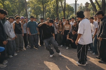 Un grupo de jóvenes en círculo observa a dos hombres que bailan en una explanada adoquinada rodeada de árboles en un parque.
