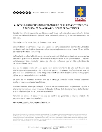 Enviaron a prisión a hombre señalado de 11 robos en puntos bancarios de Cúcuta - crédito Fiscalía General de la Nación