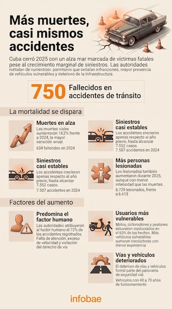 Infografía con ilustración de automóvil clásico, conos viales, íconos temáticos y cifras sobre víctimas y accidentes de tránsito.