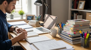 Una persona organizada estudiando en casa