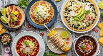 Vista aérea de diversos platillos mexicanos: taco, tostada, tlayuda, pozole, elote y mole, sobre una mesa rústica de madera con limas y cilantro.