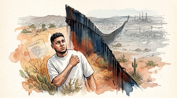 Ilustración en acuarela de un hombre joven, un muro fronterizo de metal en el desierto, cactos y la silueta del pasaporte de Colombia.