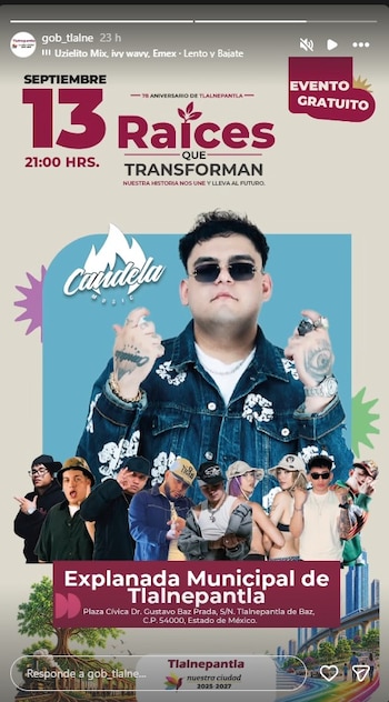 Cartel digital con varios cantantes, el texto Raíces que Transforman, la fecha 13 de septiembre y la ubicación Explanada Municipal de Tlalnepantla
