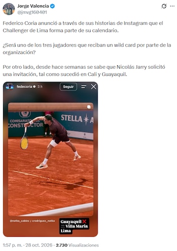 Federico Coria y Nicolás Jarry, dos tenistas con pasado reciente en el Top 100 ATP, podrían competir en el Challenger de Lima.