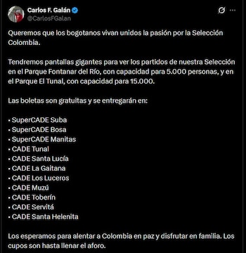 La Alcaldía de Bogotá prevé una capacidad de 20.000 personas por partido entre el Parque El Tunal y el Parque Fontanar del Río - crédito @CarlosFGalan/X