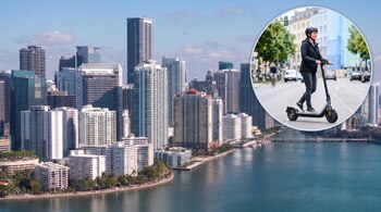 Panorámica de rascacielos junto al agua en Miami y un círculo superpuesto con una persona en patinete eléctrico sobre una calle.