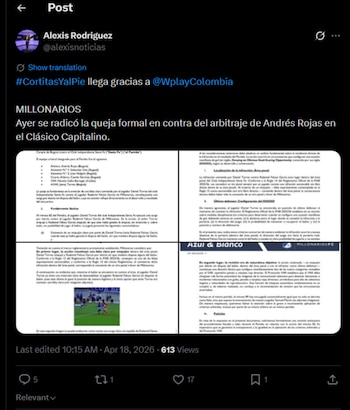 -crédito Millonarios FC-@alexisnoticias/X