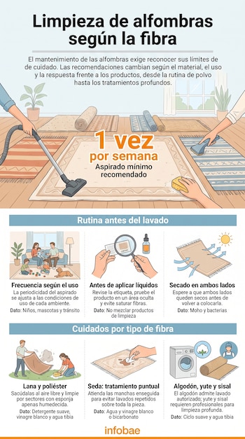 Infografía sobre limpieza de alfombras que presenta ilustraciones y consejos para el cuidado de fibras naturales y sintéticas.