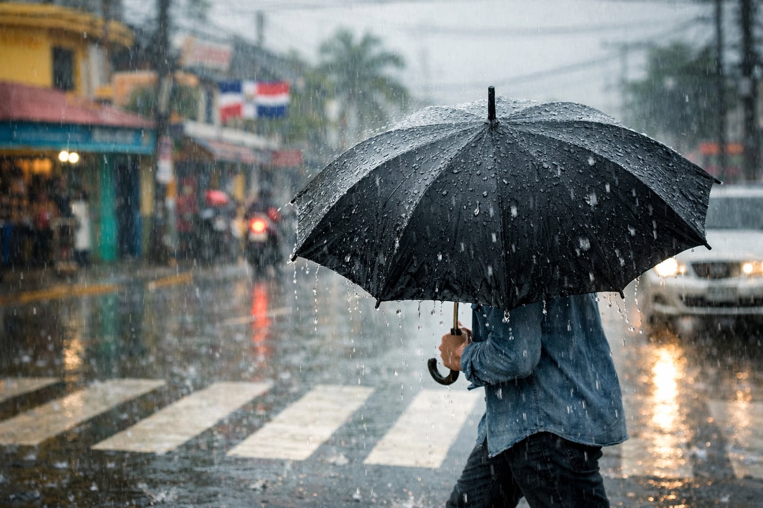 Una persona cruza una calle empapada con un paraguas oscuro bajo una lluvia torrencial, mientras la bandera de República Dominicana ondea a lo lejos. (Imagen Ilustrativa Infobae)