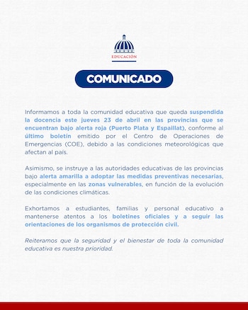 El Ministerio de Educación suspendió docencia el 23 de abril de 2026 en Puerto Plata y Espaillat por alerta roja del COE. (Cortesía: Ministerio de Educación)