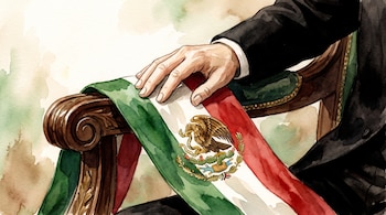 Mano masculina apoyada sobre una banda tricolor con el escudo de México, colocada sobre el brazo de madera de una silla.