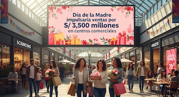 Centro comercial luminoso con gente comprando. Una gran pantalla superior anuncia que el Día de la Madre impulsará ventas por S/ 3.500 millones.