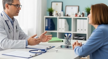 Un médico con estetoscopio y un paciente sentados frente a un escritorio con fichas, bolígrafos, tableta digital y un estante al fondo.