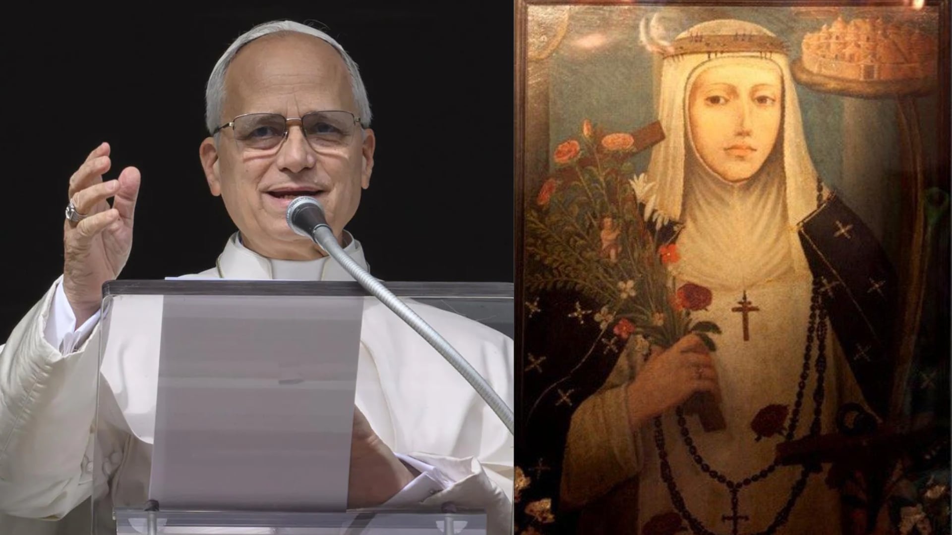 El papa León XIV fue sorprendido con un retrato histórico de Santa Rosa de Lima durante la presentación del documental “Una rosa para el mundo”, dirigido por Luis Enrique Cam, en el Vaticano. Foto: Composición Infobae Perú / Vatican News