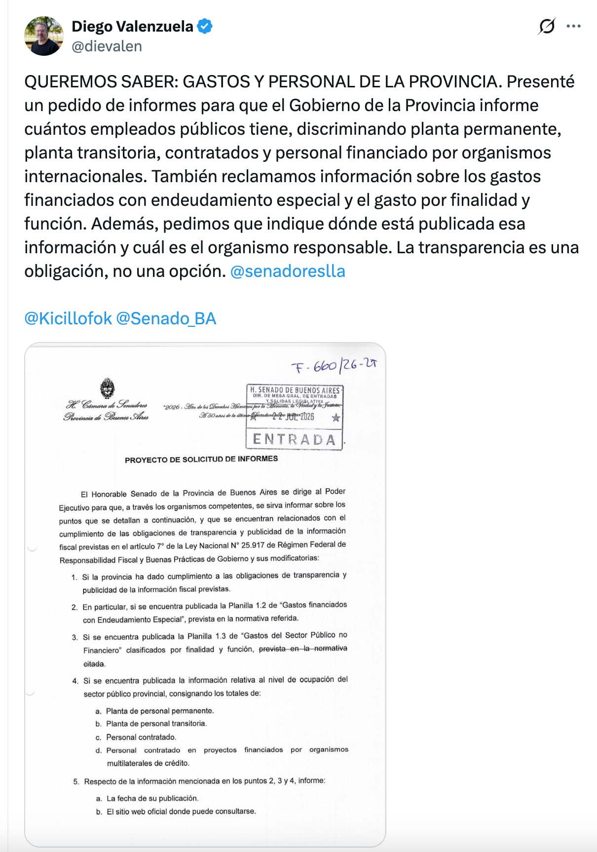 El senador Diego Valenzuela presentó un proyecto para transparentar los datos de los tres poderes de la Provincia de Buenos Aires