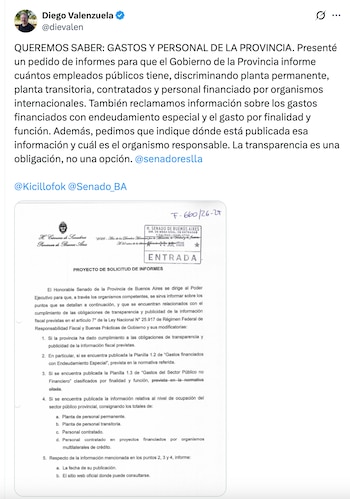 El senador Diego Valenzuela presentó un proyecto para transparentar los datos de los tres poderes de la Provincia de Buenos Aires