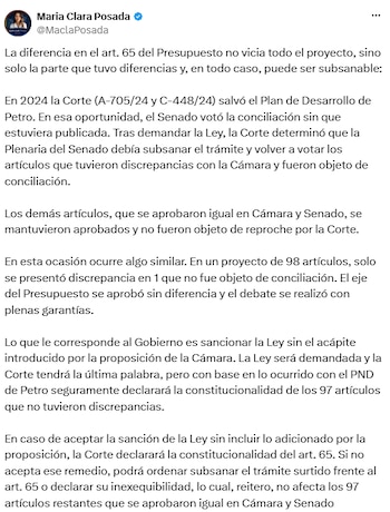 María Clara Posada explicó que la diferencia en el artículo 65 podría subsanarse sin afectar los demás artículos del proyecto. - crédito @MaclaPosada/X