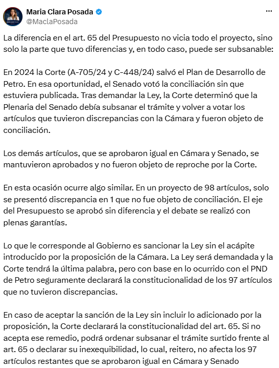 María Clara Posada explicó que la diferencia en el artículo 65 podría subsanarse sin afectar los demás artículos del proyecto. - crédito @MaclaPosada/X