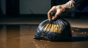 Primer plano de una mano enguantada con lodo que sostiene una bolsa plástica negra sellada con cinta amarilla, sumergida en agua y barro.