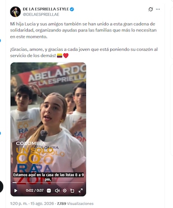 La hija del presidente Abelardo de la Espriella está contribuyendo como voluntaria en las acciones solidarias lideradas por su mamá, Ana Lucía Pineda, en favor de las personas afectadas por el terremoto en Colombia - crédito @DELAESPRIELLAE/X
