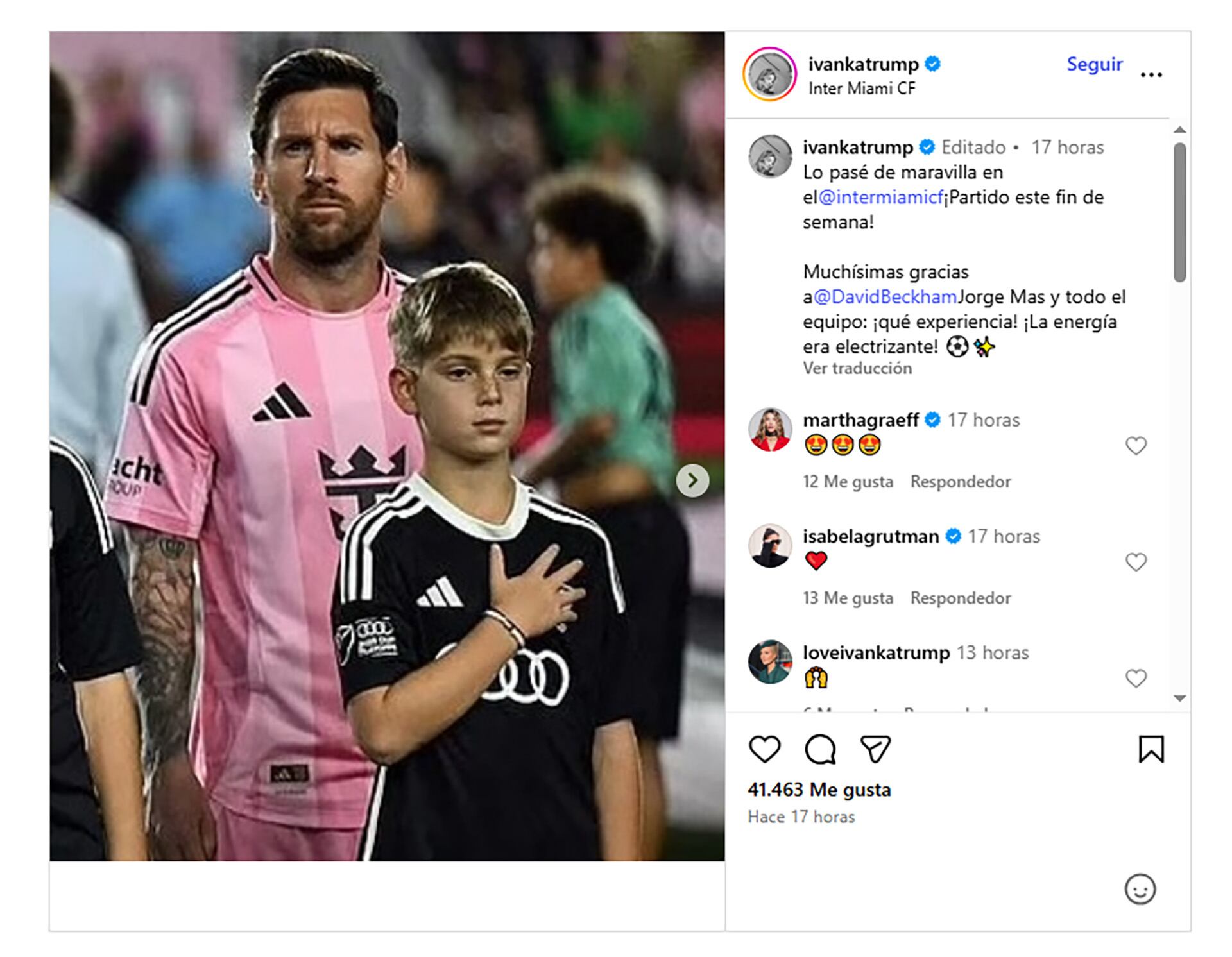 El posteo de Ivanka Trump con su hijo junto a Lionel Messi en el Chase Stadium (Instagram @ivankatrump)