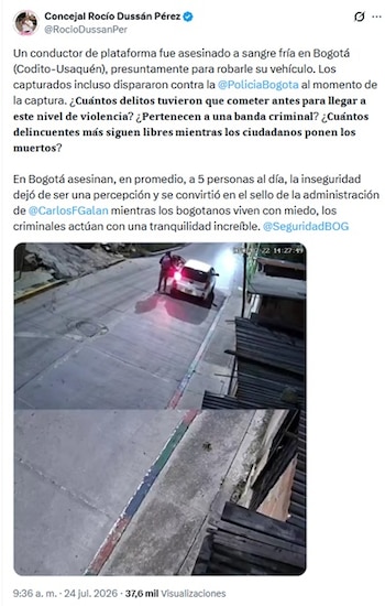 La concejala compartió el video de una cámara de seguridad que captó los tres ataques que sufrió el coductor de aplicación por parte de los dos detenidos, que le dispararon por robarle su vehículo - crédito @RocioDussanPer/X