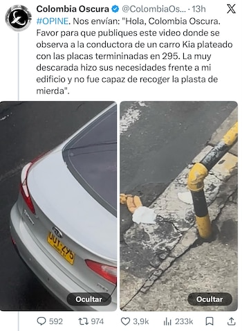 Denuncia viral en X contra conductora desató señalamientos y comentarios ofensivos - crédito @ColombiaOscura/X