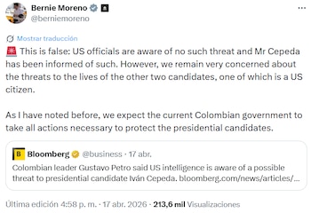 El senador Bernie Moreno desmintió que exista una amenaza contra Iván Cepeda. - crédito @berniemoreno/X