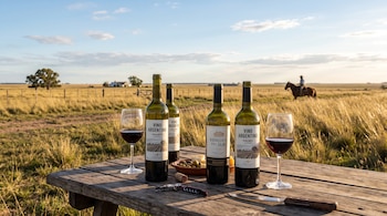 Cuatro botellas de vino tinto, dos copas, aperitivos y cubiertos sobre una mesa de madera en un campo abierto.