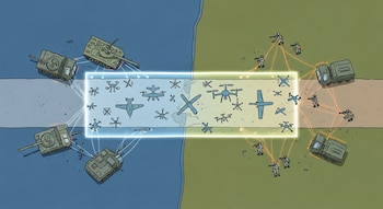 Ilustración de vista aérea del frente de guerra Ucrania-Rusia. Una zona central brillante con drones divide tanques rusos de soldados ucranianos interconectados.
