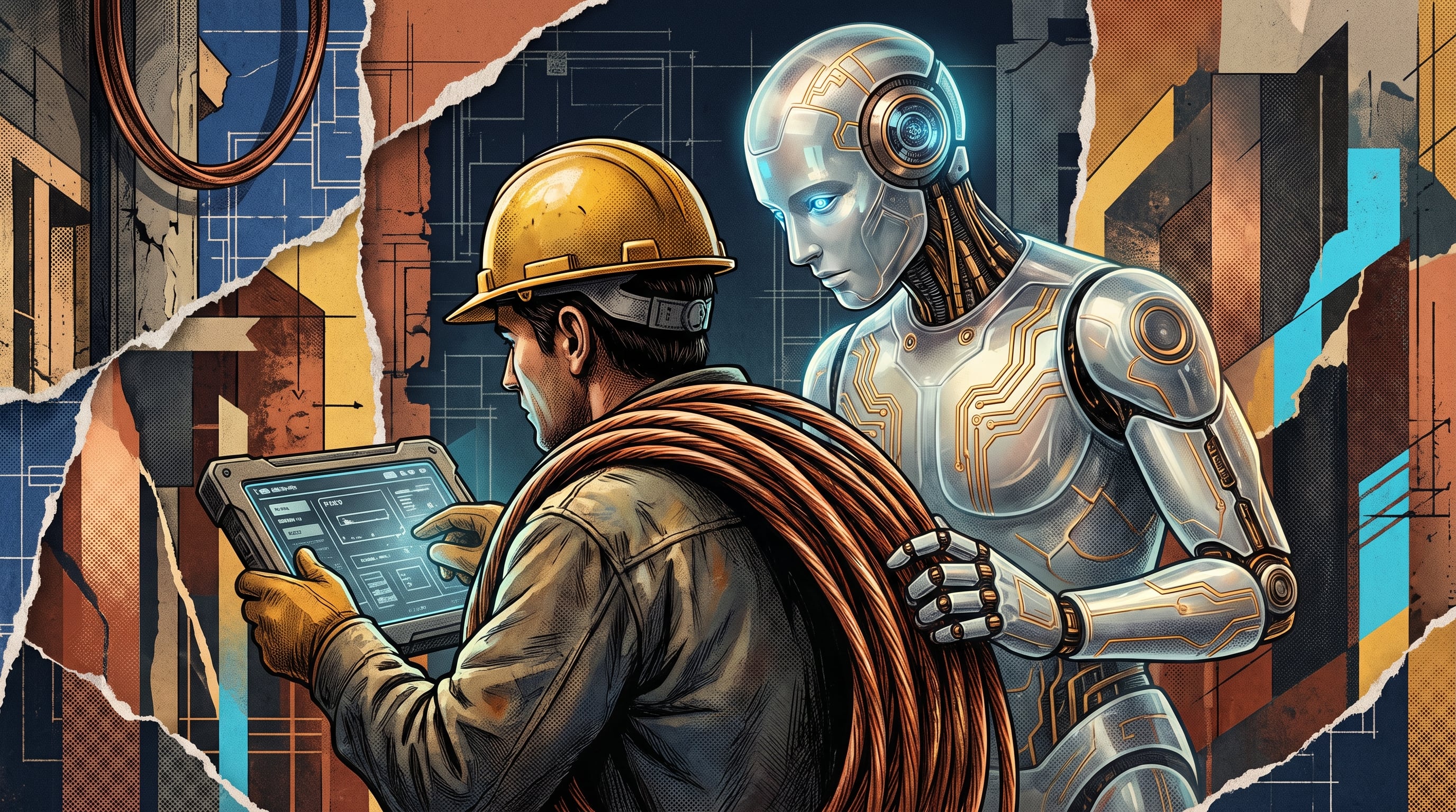 Un operario técnico con casco sostiene cables de cobre y consulta una pantalla táctil mientras un robot de inteligencia artificial observa su trabajo. (Imagen Ilustrativa Infobae)