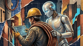 Ilustración en estilo collage de un operario con casco amarillo sosteniendo cables de cobre junto a un robot humanoide.