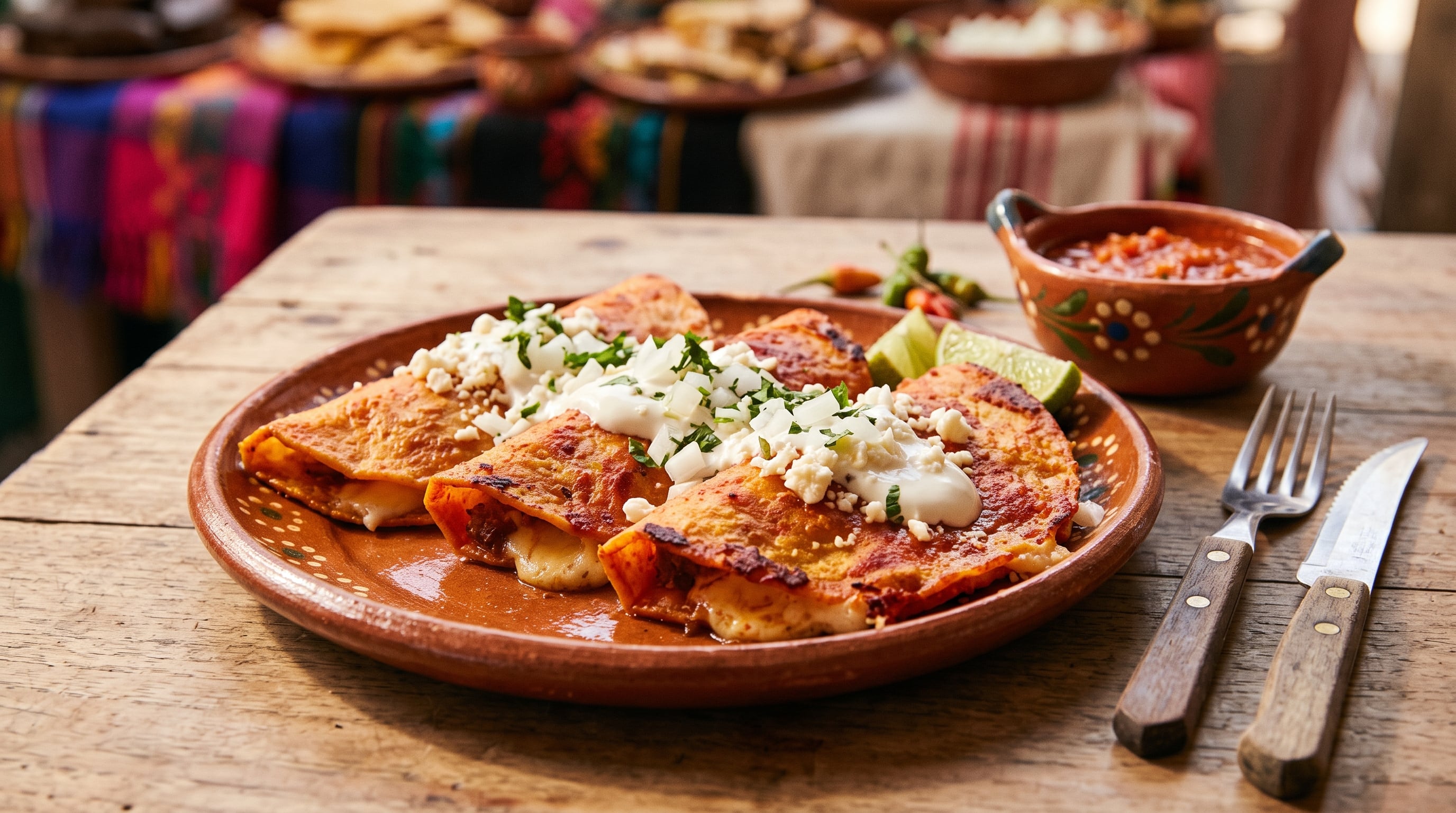Un plato de barro contiene tres enchiladas potosinas con crema, queso y cebolla picada sobre una mesa de madera. (Imagen Ilustrativa Infobae)