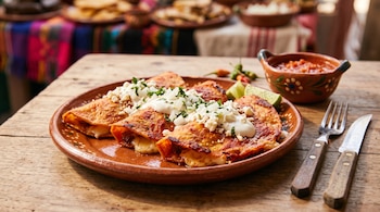 Tres enchiladas de maíz color rojo cubiertas con crema y queso sobre un plato de barro junto a cubiertos y una salsa.