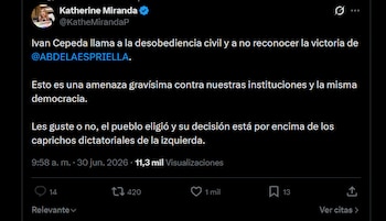 Katherine Miranda afirmó que el rechazo de Iván Cepeda a la victoria de Abelardo de la Espriella constituye una amenaza contra las instituciones y la democracia - crédito X